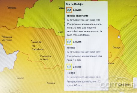 Alerta por fuertes lluvias en el sur de Badajoz: se esperan importantes acumulaciones desde esta noche